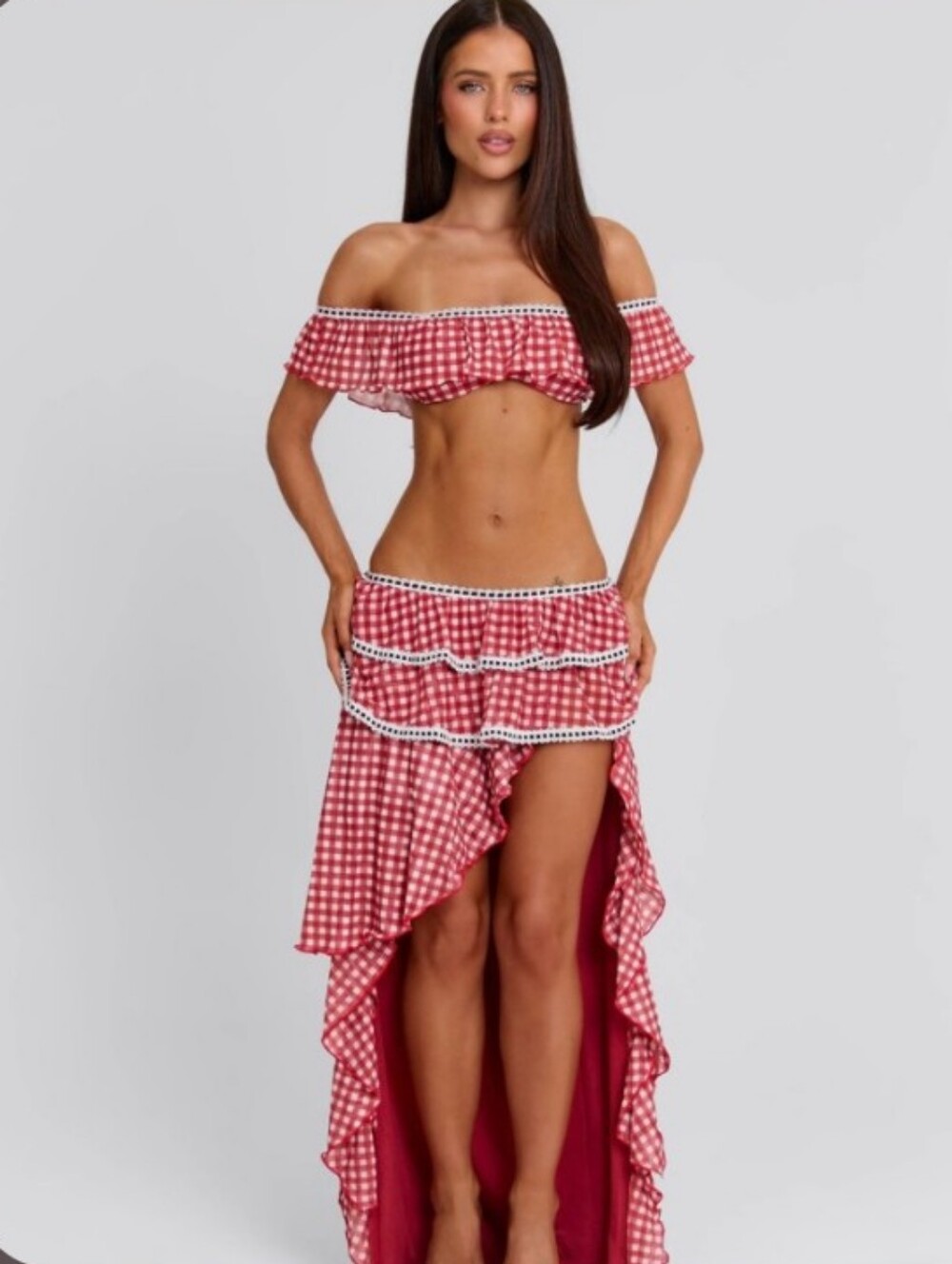 Red Gingham High-Low 2pc Ruffle Skirt Set🌸🩷🔥🔥🔥 - Picture 10 of 13